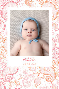 Faire-part de naissance Paisley portrait rose & orange Faire-part de naissance Paisley portrait rose & orange