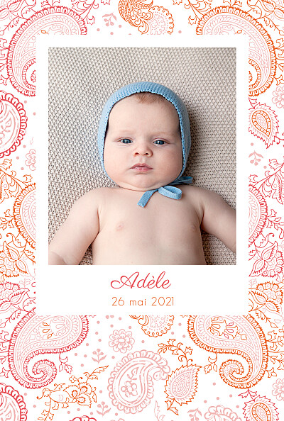Faire-part de naissance Paisley portrait rose & orange finition Faire-part de naissance Paisley portrait rose & orange finition