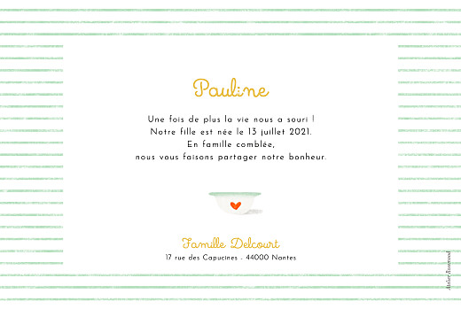 Faire-part de naissance Petits Bols (2 enfants) vert - Verso Faire-part de naissance Petits Bols (2 enfants) vert - Verso