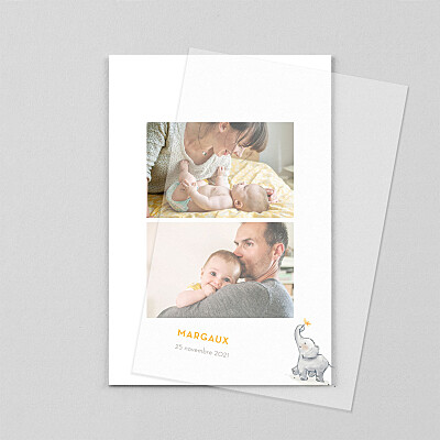 Faire-part de naissance original bienvenue éléphant (calque) jaune Faire-part de naissance original bienvenue éléphant (calque) jaune