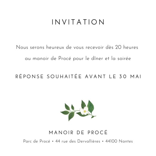 Carton d'invitation mariage Lettres fleuries blanc - Verso Carton d'invitation mariage Lettres fleuries blanc - Verso