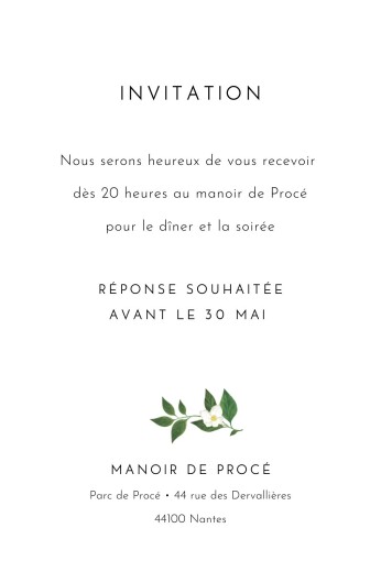 Carton d'invitation mariage Lettres fleuries (portrait) blanc - Verso Carton d'invitation mariage Lettres fleuries (portrait) blanc - Verso