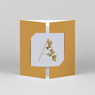 Faire-part de naissance orange lettres fleuries (fenêtre) bleu ocre Faire-part de naissance orange lettres fleuries (fenêtre) bleu ocre