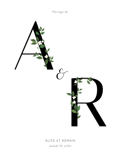 Faire-part de mariage Lettres fleuries (portrait) blanc - Recto Faire-part de mariage Lettres fleuries (portrait) blanc - Recto