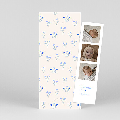 Faire-part de naissance beige jardin de floeurs (photomaton) bleu Faire-part de naissance beige jardin de floeurs (photomaton) bleu