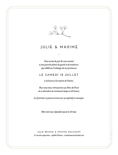 Faire-part de mariage Joli brin (portrait) beige - Verso