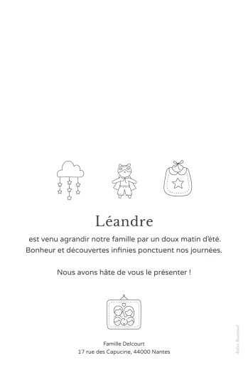 Faire-part de naissance Mon histoire en pictos (portrait) blanc - Verso Faire-part de naissance Mon histoire en pictos (portrait) blanc - Verso