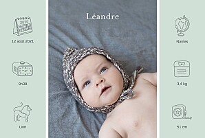 Faire-part de naissance tendance mon histoire en pictos vert Faire-part de naissance tendance mon histoire en pictos vert