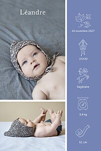 Faire-part de naissance original mon histoire en pictos (portrait) bleu Faire-part de naissance original mon histoire en pictos (portrait) bleu