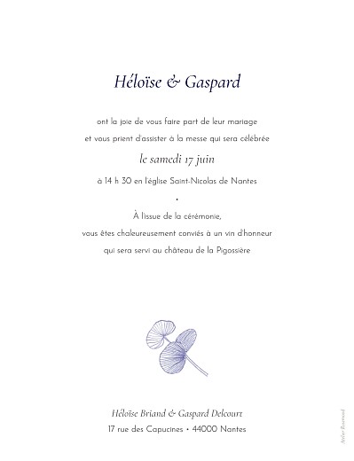 Faire-part de mariage Envolée d'eucalyptus bleu - Verso