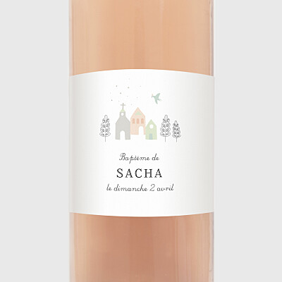 Étiquette de bouteille baptême petit village rose Étiquette de bouteille baptême petit village rose