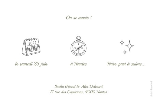 Save the Date Votre mariage en pictos vert - Verso Save the Date Votre mariage en pictos vert - Verso