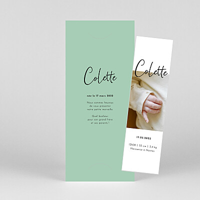 Faire-part de naissance candeur (marque-page) vert Faire-part de naissance candeur (marque-page) vert