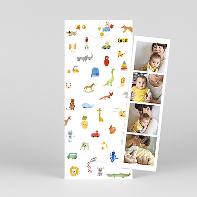Faire-part de naissance jouets dodo (marque-page) blanc Faire-part de naissance jouets dodo (marque-page) blanc