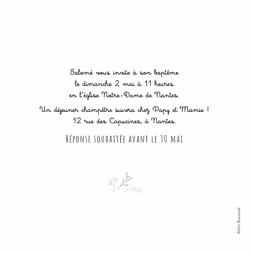 Faire-part de baptême Ronde des prés vert/rose - Verso Faire-part de baptême Ronde des prés vert/rose - Verso