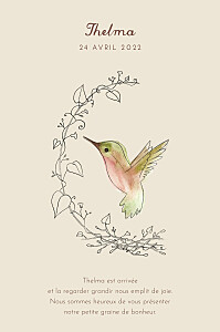 Faire-part de naissance nature petit colibri (portrait) beige Faire-part de naissance nature petit colibri (portrait) beige