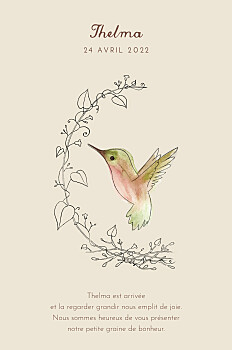 Faire-part de naissance petit colibri (portrait) beige Faire-part de naissance petit colibri (portrait) beige