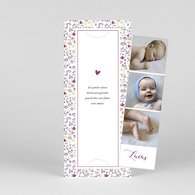 Faire-part de naissance violet liberty coeur (marque-page) prune Faire-part de naissance violet liberty coeur (marque-page) prune