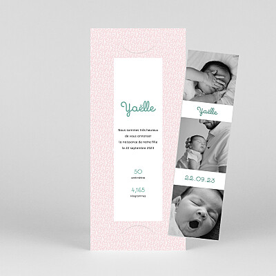Faire-part de naissance original paillettes (marque-page) rose Faire-part de naissance original paillettes (marque-page) rose