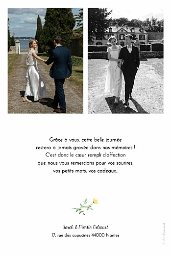 Carte de remerciement mariage Cadre fleuri (portrait) blanc - Verso Carte de remerciement mariage Cadre fleuri (portrait) blanc - Verso