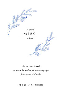 Carte de remerciement mariage tomoë délicats feuillages (portrait) bleu Carte de remerciement mariage tomoë délicats feuillages (portrait) bleu
