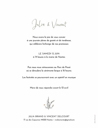 Faire-part de mariage Les mariés champêtres Blanc - Verso Faire-part de mariage Les mariés champêtres Blanc - Verso