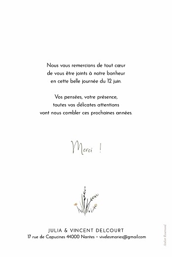 Carte de remerciement mariage Les mariés champêtres (portrait) blanc - Verso