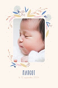 Faire-part de naissance avec photo élégant feuillage multicolore (portrait) rose Faire-part de naissance avec photo élégant feuillage multicolore (portrait) rose