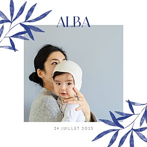 Faire-part de naissance avec photo laurier (carré) bleu Faire-part de naissance avec photo laurier (carré) bleu