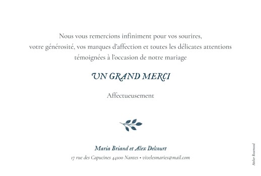Carte de remerciement mariage Signature végétale Bleu - Verso
