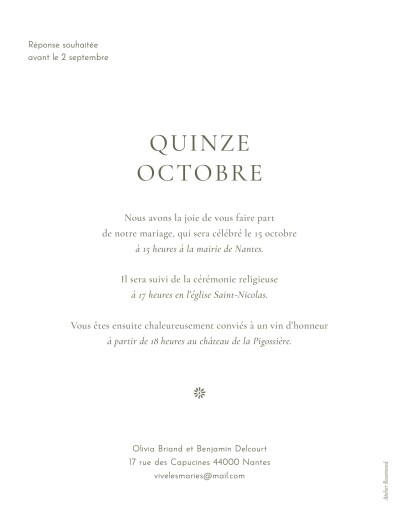 Faire-part de mariage Laure de Sagazan II (dorure) portrait Vert de gris - Verso Faire-part de mariage Laure de Sagazan II (dorure) portrait Vert de gris - Verso