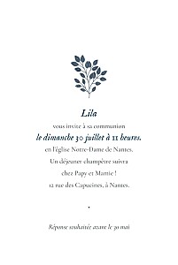 Faire-part de communion signature végétale bleu Faire-part de communion signature végétale bleu