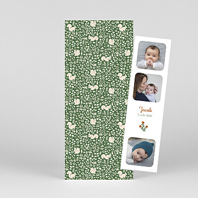 Faire-part de naissance vert liberty écureuil (marque page) vert Faire-part de naissance vert liberty écureuil (marque page) vert
