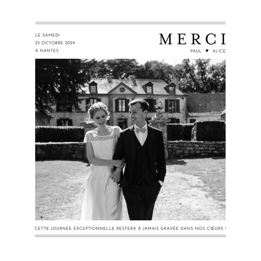 Carte de remerciement mariage Grand jour blanc - Recto Carte de remerciement mariage Grand jour blanc - Recto