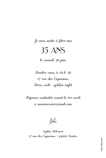 Carte d'invitation anniversaire adulte Dryade Blanc - Verso Carte d'invitation anniversaire adulte Dryade Blanc - Verso