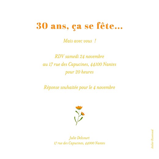 Carte d'invitation anniversaire adulte Fleurs sauvages Blanc - Verso