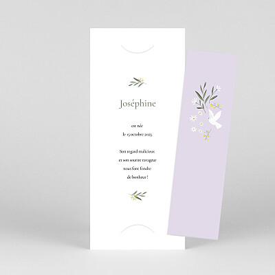 Faire-part de naissance violet petite colombe (marque page) lilas Faire-part de naissance violet petite colombe (marque page) lilas