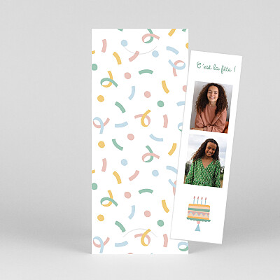 Carte d'anniversaire bleu cotillons (marque-page) pastel Carte d'anniversaire bleu cotillons (marque-page) pastel