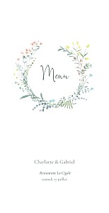 Menu de mariage sans photo couronne florale rose Menu de mariage sans photo couronne florale rose