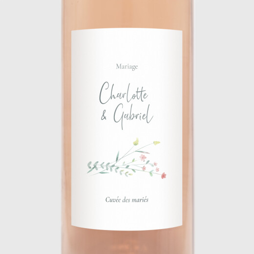 Étiquette de bouteille mariage Couronne florale rose - Vue 1