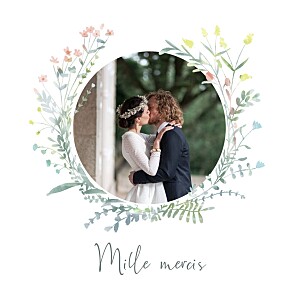 Carte de remerciement mariage avec photo couronne florale rose Carte de remerciement mariage avec photo couronne florale rose