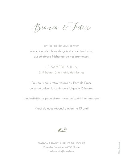 Faire-part de mariage Douceur Blanc - Verso