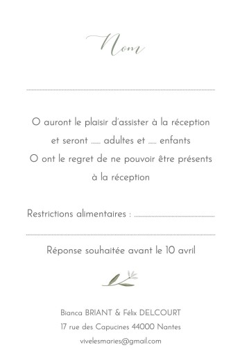 Carton réponse mariage Douceur (portrait) bleu - Verso