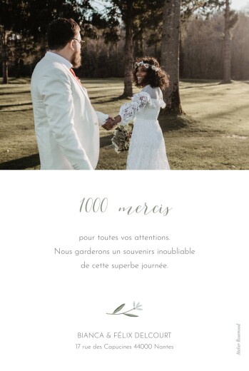 Carte de remerciement mariage Douceur Blanc - Verso