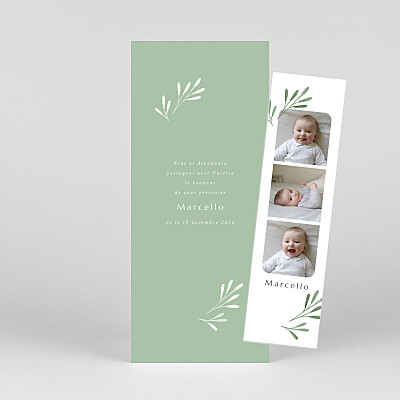 Faire-part de naissance vert picto végétal (marque page) vert Faire-part de naissance vert picto végétal (marque page) vert