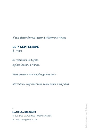 Carte d'invitation anniversaire adulte Laure de Sagazan (dorure) blanc - Verso