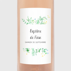 Étiquette de bouteille baptême Cadre fleuri blanc