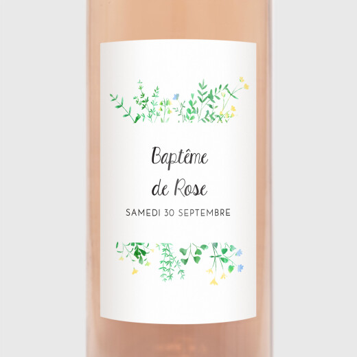Étiquette de bouteille baptême Cadre fleuri blanc - Vue 1