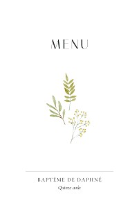 Menu de baptême classique aquarelle végétale blanc Menu de baptême classique aquarelle végétale blanc