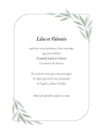 Faire-part de mariage Feuille aquarelle (portrait) vert - Recto Faire-part de mariage Feuille aquarelle (portrait) vert - Recto